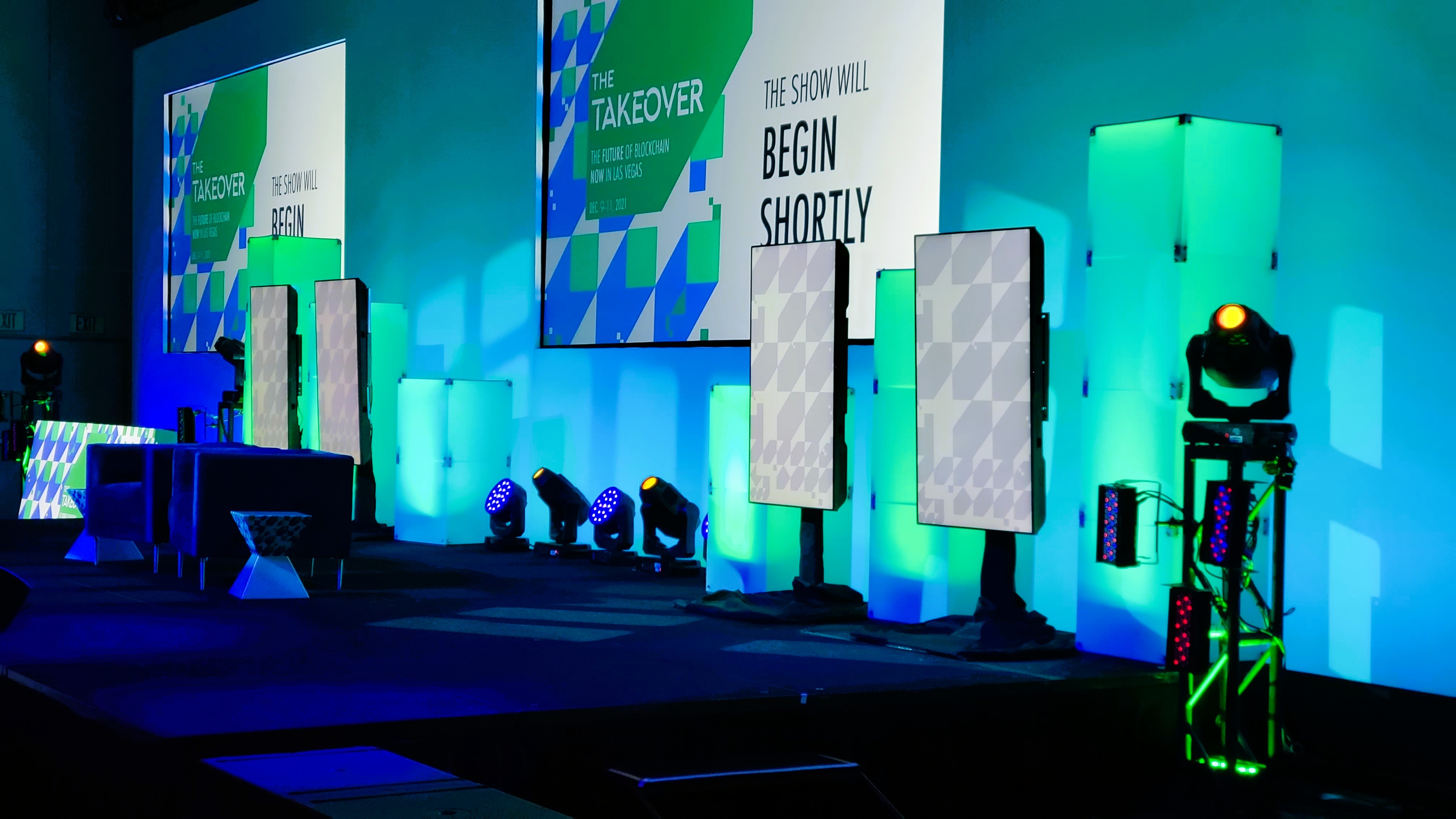 Crypto Innovators Summit — full stage production with projection screens and intelligent lighting